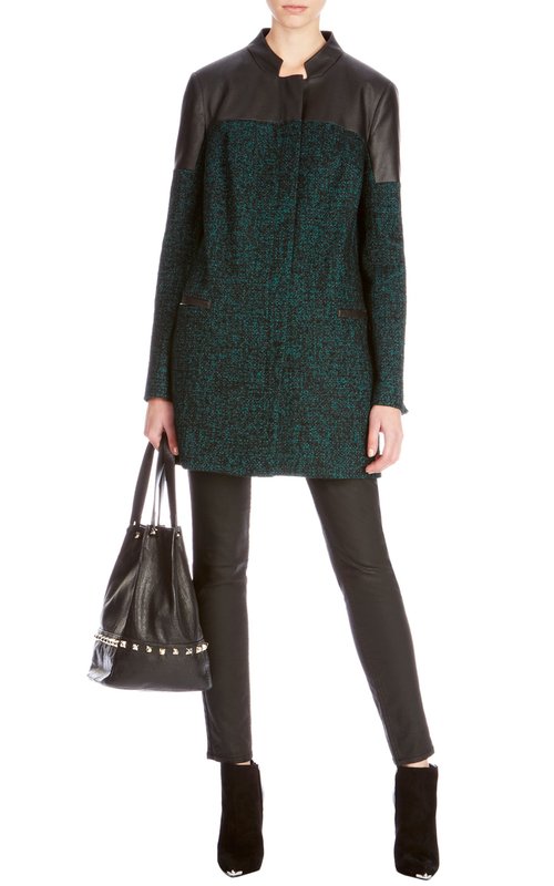 Grønn tweed frakk med sort skinn aksenter